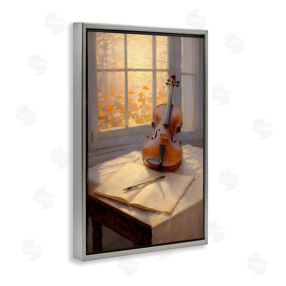 Angie Hawke Autumn Sunlit Violin Gray Floating Frame Stretched Canvas Wall Art Print