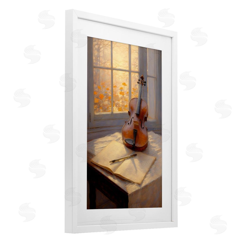 Angie Hawke Autumn Sunlit Violin White Framed Print Under Glass with Matting Wall Art