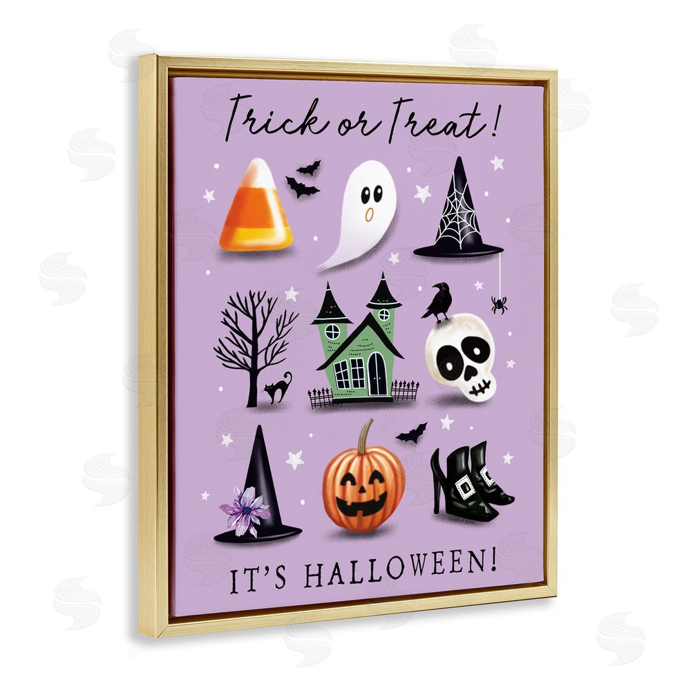 Elizabeth Tyndall Trick Or Treat It's Halloween Gold Floating Frame Canvas Wall Art Print
