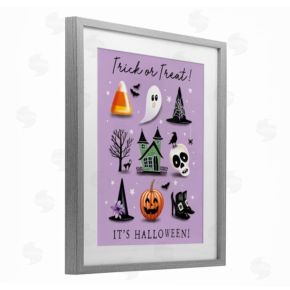 Elizabeth Tyndall Trick Or Treat It's Halloween Gray Framed Print Under Glass with White Mat Wall Art