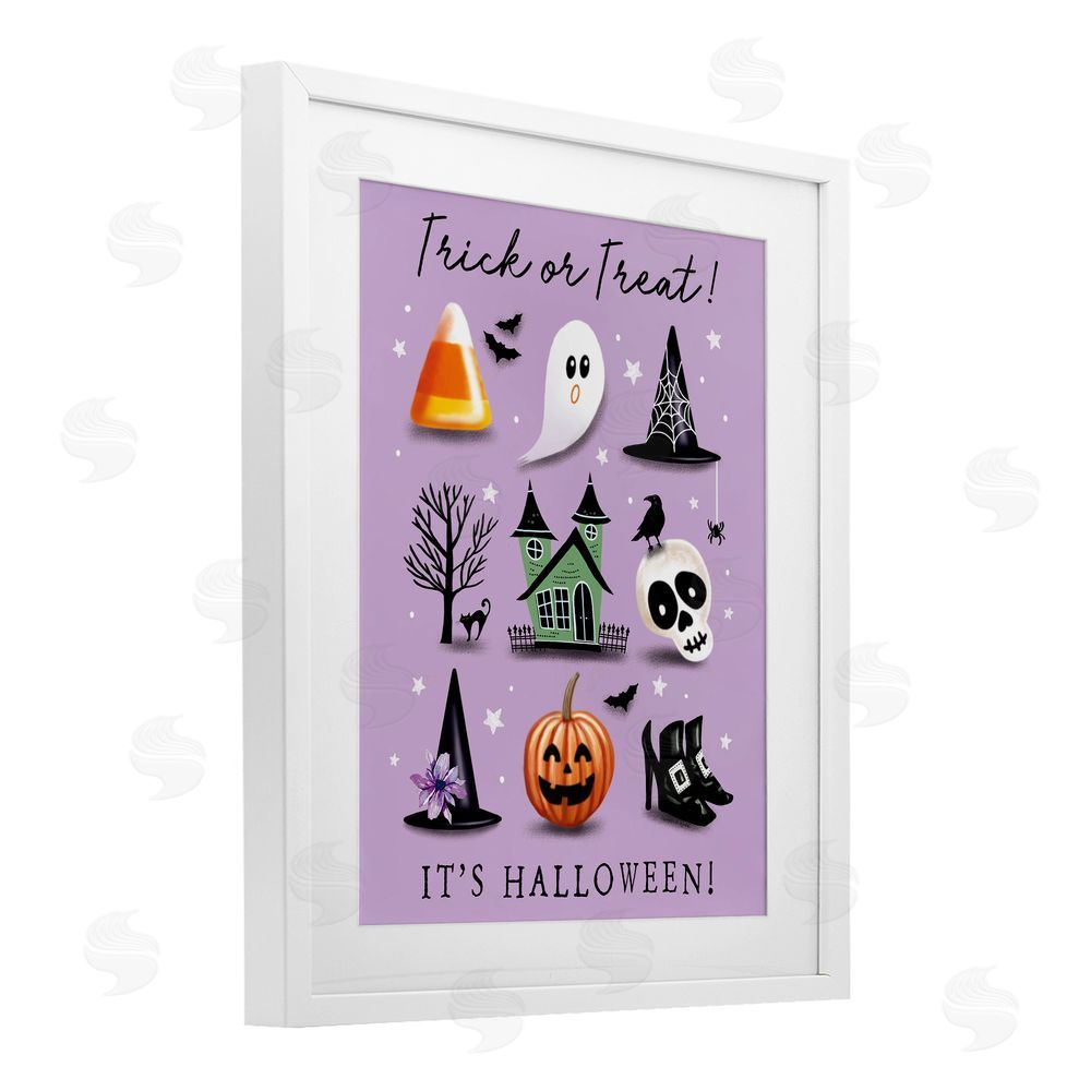 Elizabeth Tyndall Trick Or Treat It's Halloween White Framed Print Under Glass with Mat Wall Art