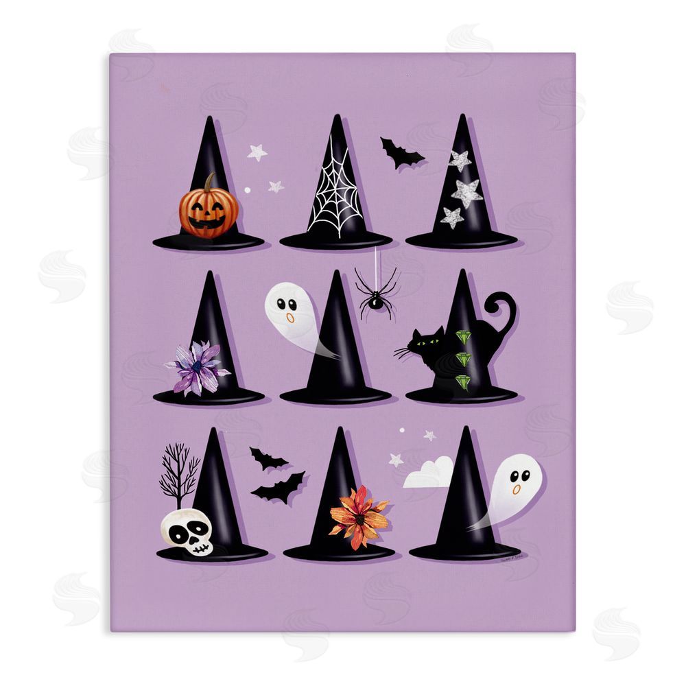Elizabeth Tyndall Varied Witch Hats on Purple Canvas Wall Art Print
