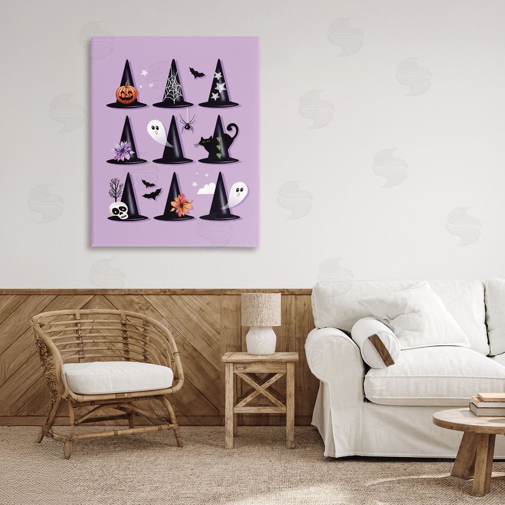 Elizabeth Tyndall Varied Witch Hats on Purple Canvas Art on Wall