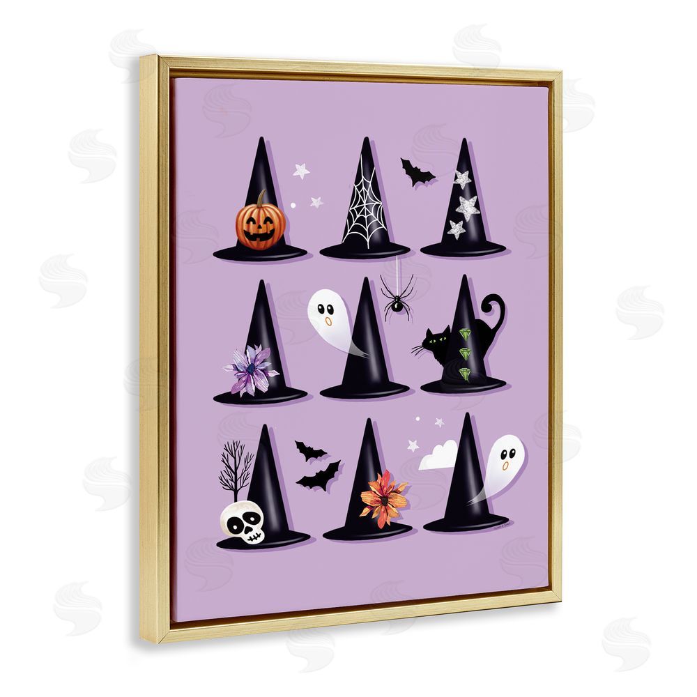 Elizabeth Tyndall Varied Witch Hats on Purple Gold Floating Frame Canvas Wall Art Print