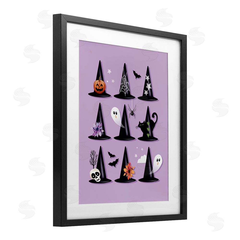 Elizabeth Tyndall Varied Witch Hats on Purple Black Framed Print Under Glass with White Mat Wall Art