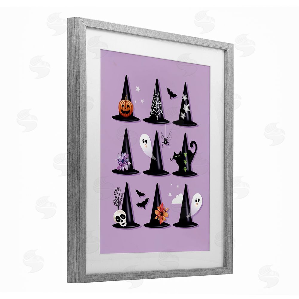 Elizabeth Tyndall Varied Witch Hats on Purple Gray Framed Print Under Glass with White Mat Wall Art