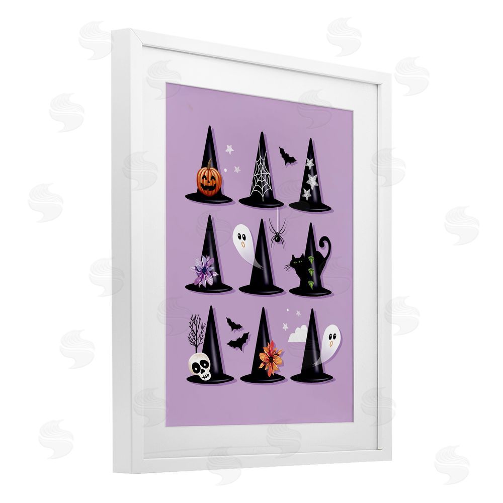 Elizabeth Tyndall Varied Witch Hats on Purple White Framed Print Under Glass with Mat Wall Art