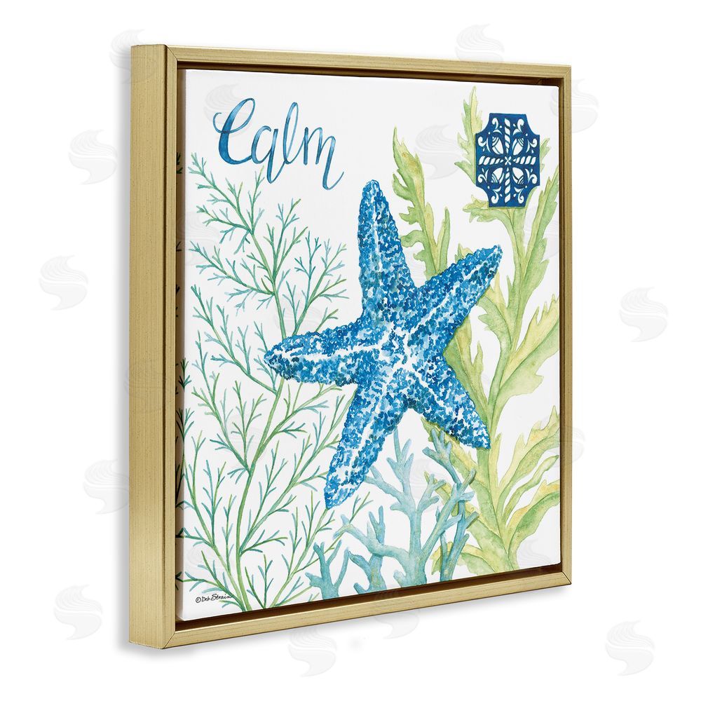 Deb Strain Calm Starfish & Seaweed Gold Floating Frame Canvas Wall Art Print