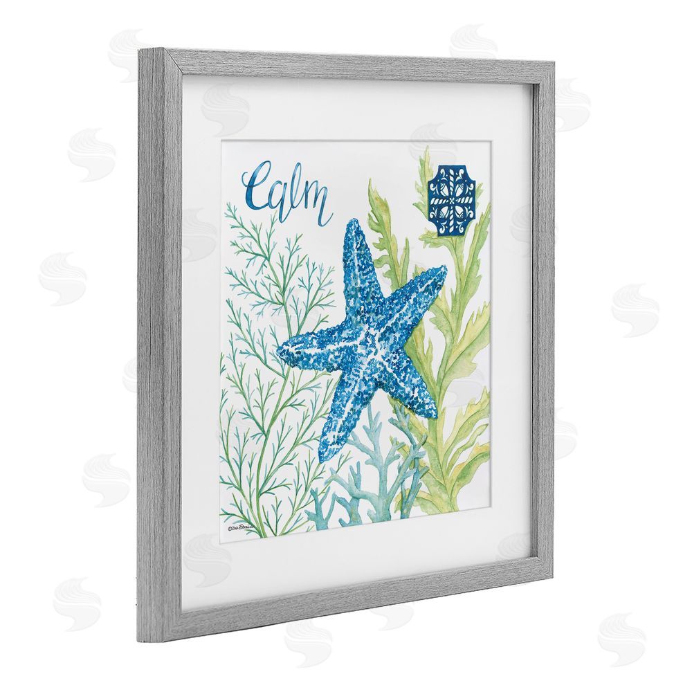 Deb Strain Calm Starfish & Seaweed Gray Framed Print Under Glass Wall Art