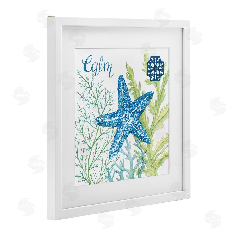 Deb Strain Calm Starfish & Seaweed White Framed Print Under Glass Wall Art