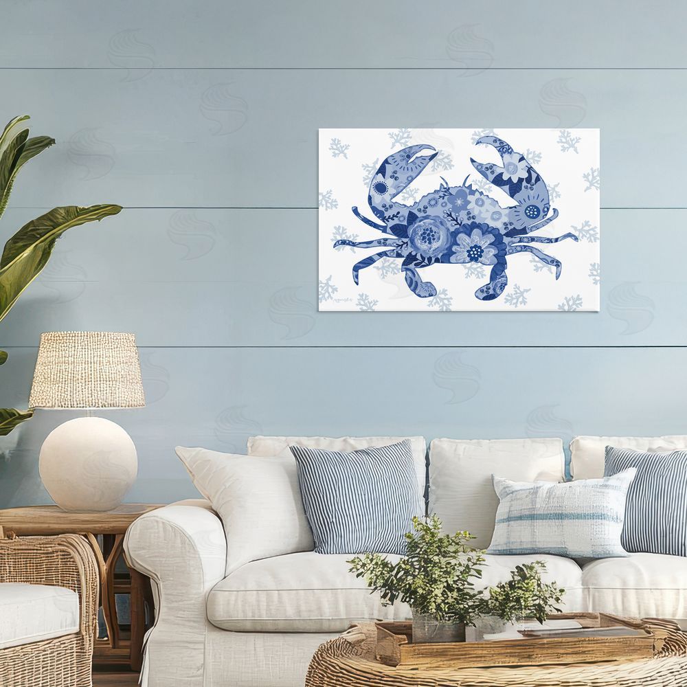 Annie LaPoint Blue Floral Patterned Crab Stretched Canvas Wall Art in Room