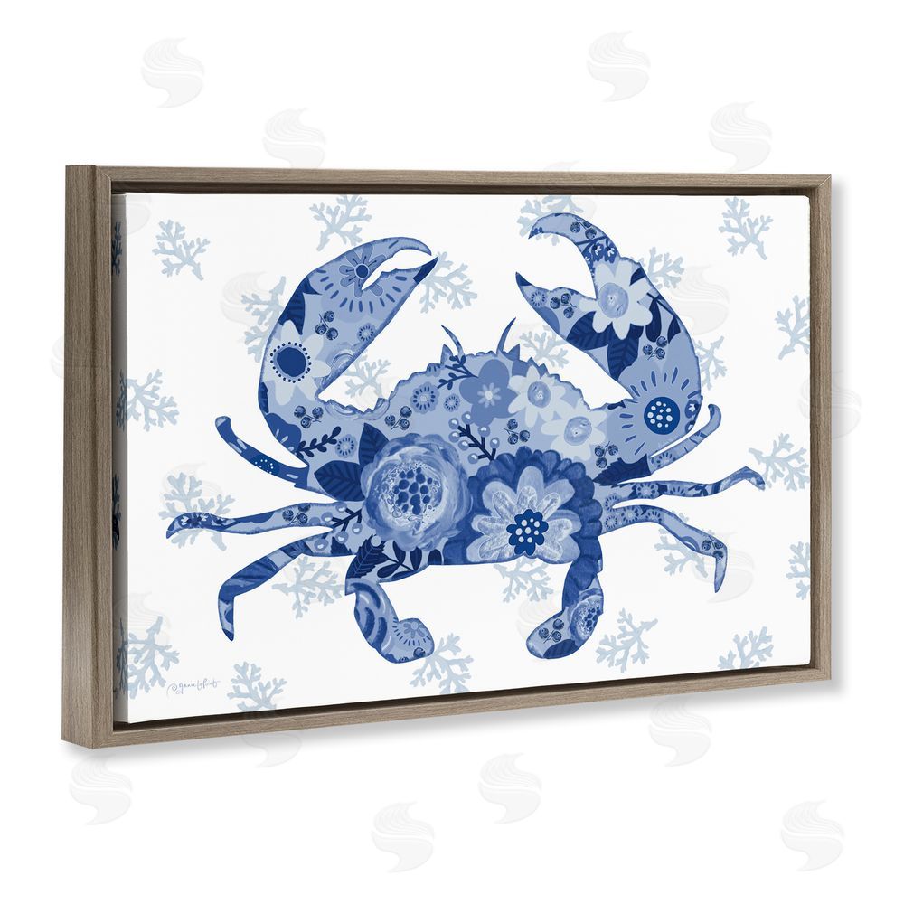 Annie LaPoint Blue Floral Patterned Crab Brown Floating Frame Canvas Wall Art Print