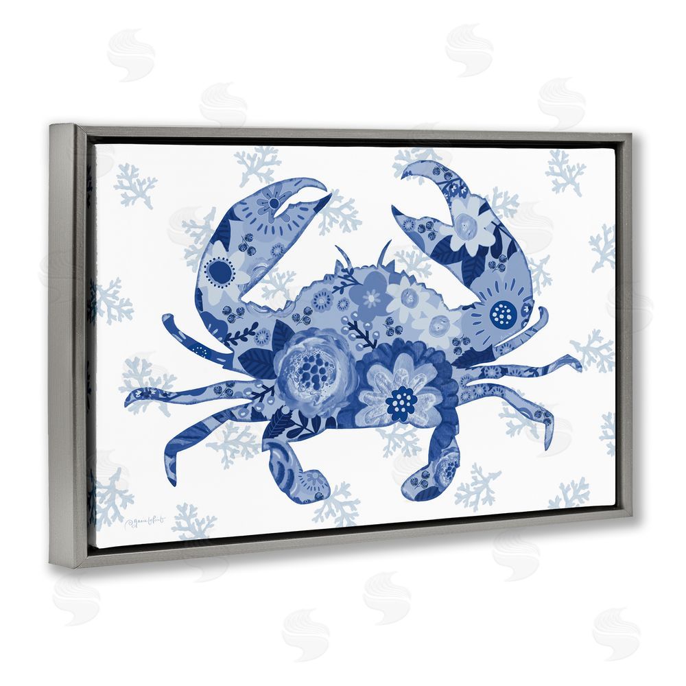 Annie LaPoint Blue Floral Patterned Crab Gray Floating Frame Canvas Wall Art Print
