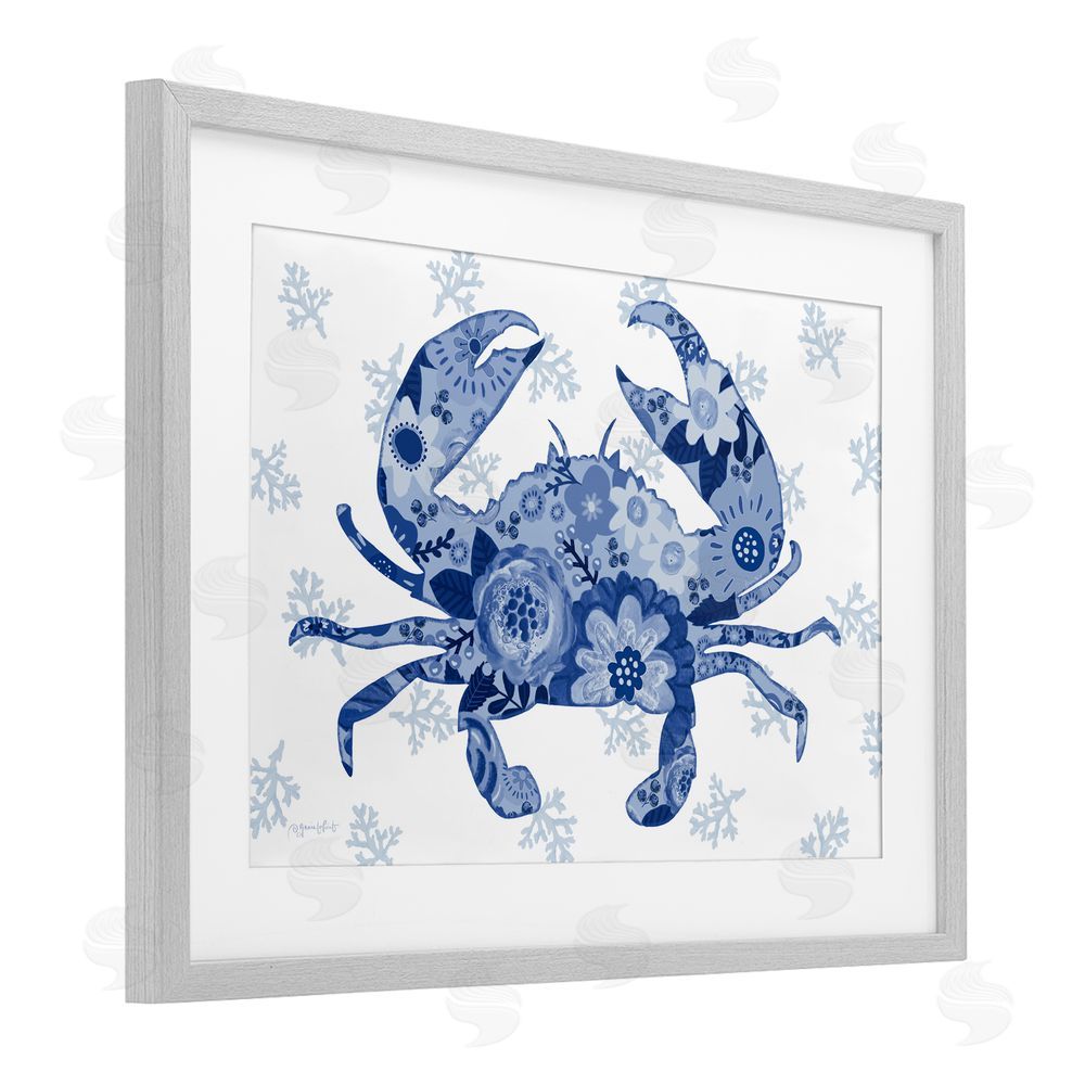 Annie LaPoint Blue Floral Patterned Crab Gray Framed Print Under Glass Wall Art