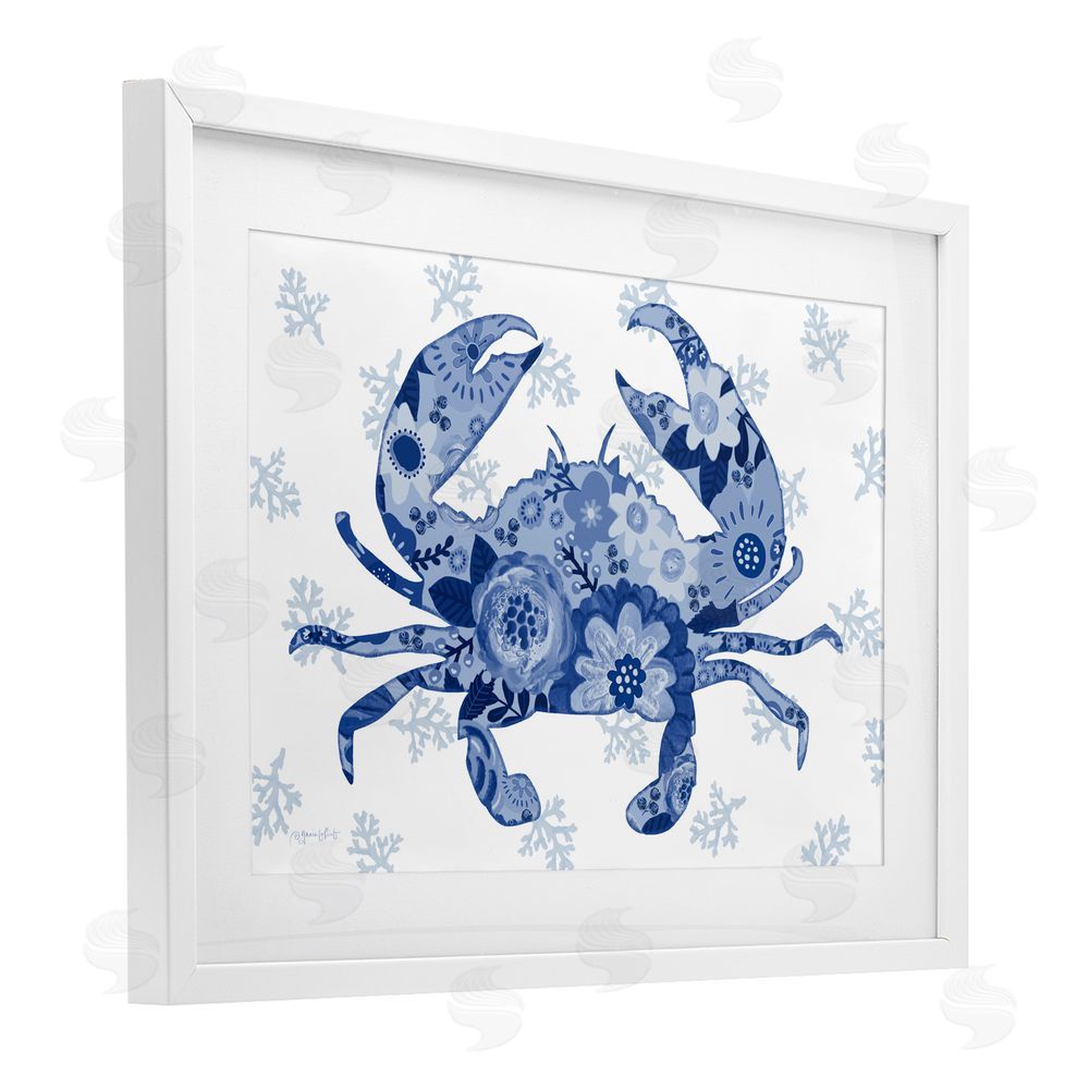 Annie LaPoint Blue Floral Patterned Crab White Framed Print Under Glass Wall Art