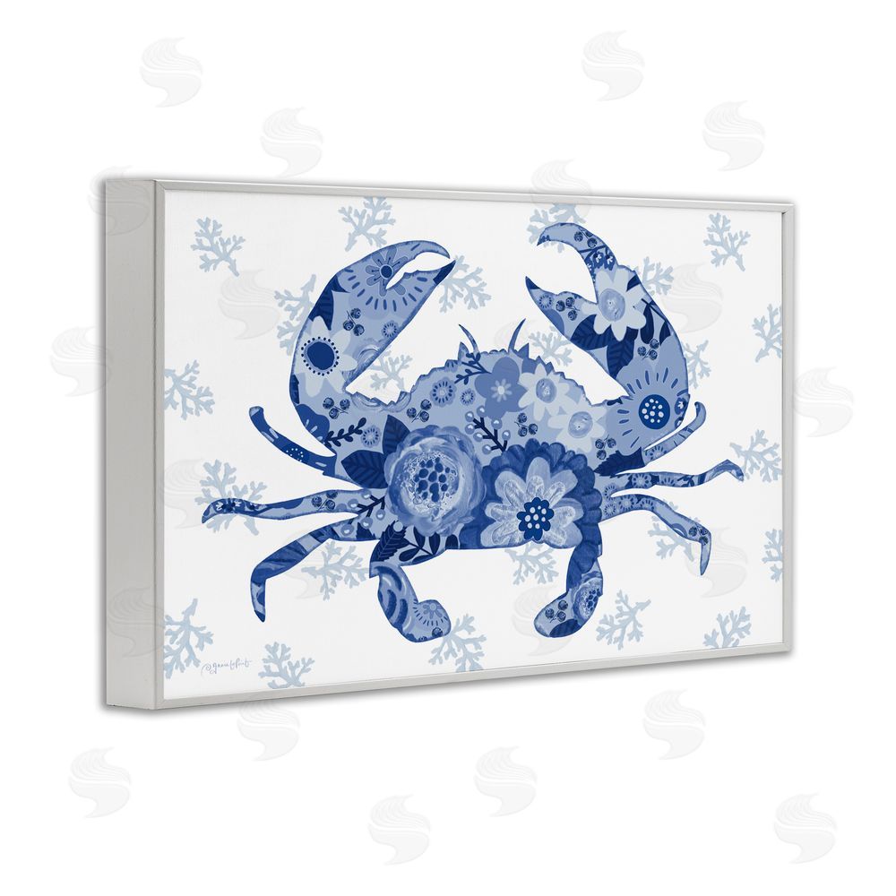 Annie LaPoint Blue Floral Patterned Crab White Framed Giclee Wall Art Print
