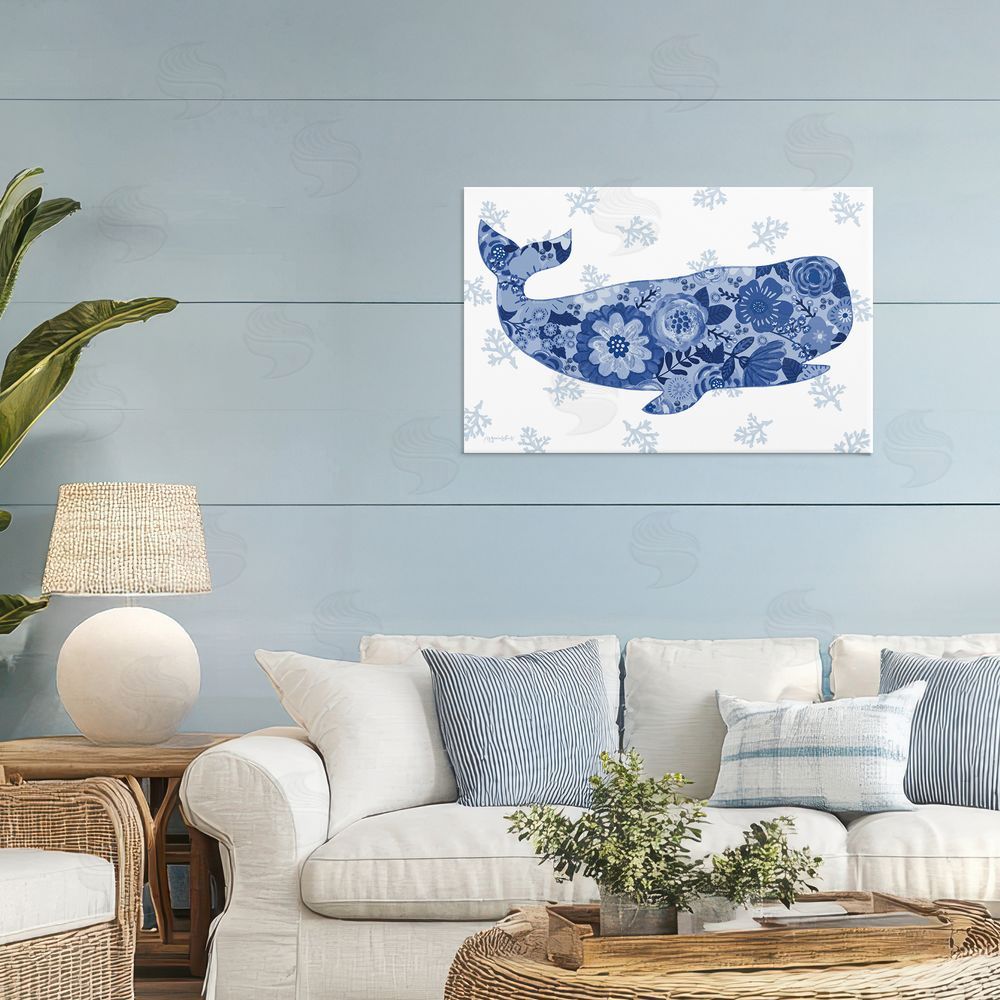 Annie LaPoint Blue Floral Patterned Whale Stretched Canvas Wall Art in Room