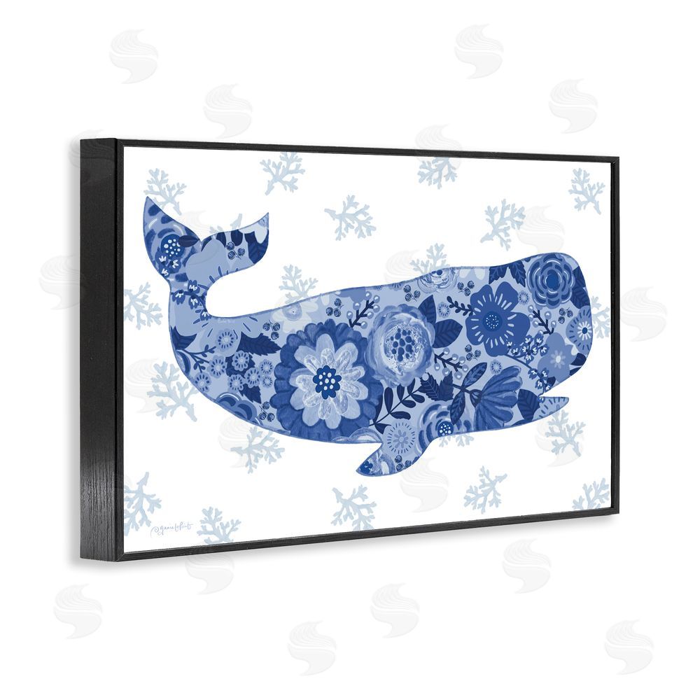 Annie LaPoint Blue Floral Patterned Whale Black Framed Giclee Wall Art Print