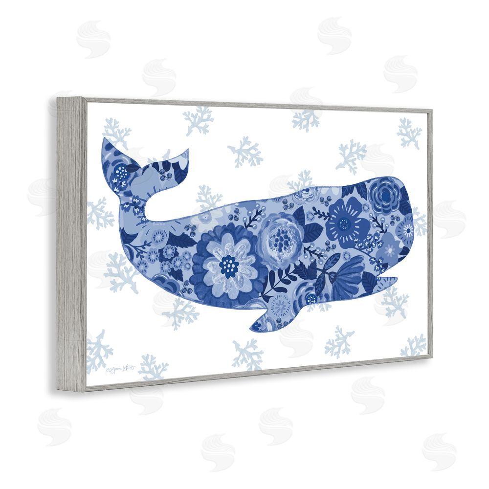 Annie LaPoint Blue Floral Patterned Whale Gray Framed Giclee Wall Art Print