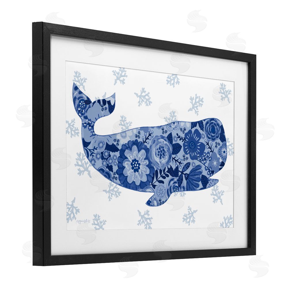Annie LaPoint Blue Floral Patterned Whale Black Framed Print Under Glass Wall Art
