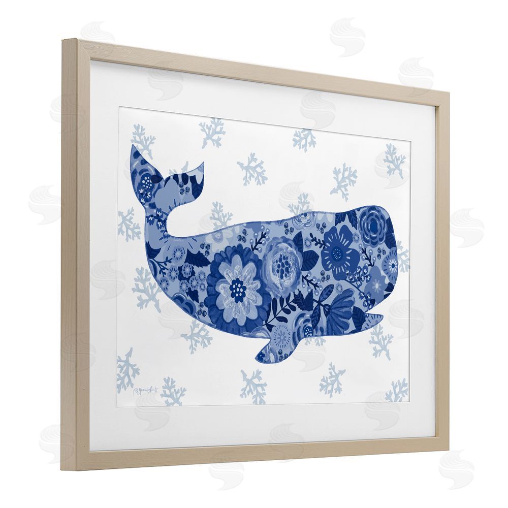 Annie LaPoint Blue Floral Patterned Whale Brown Framed Print Under Glass Wall Art