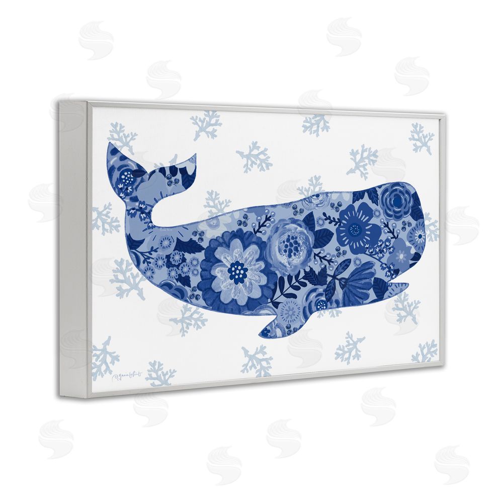 Annie LaPoint Blue Floral Patterned Whale White Framed Giclee Wall Art Print