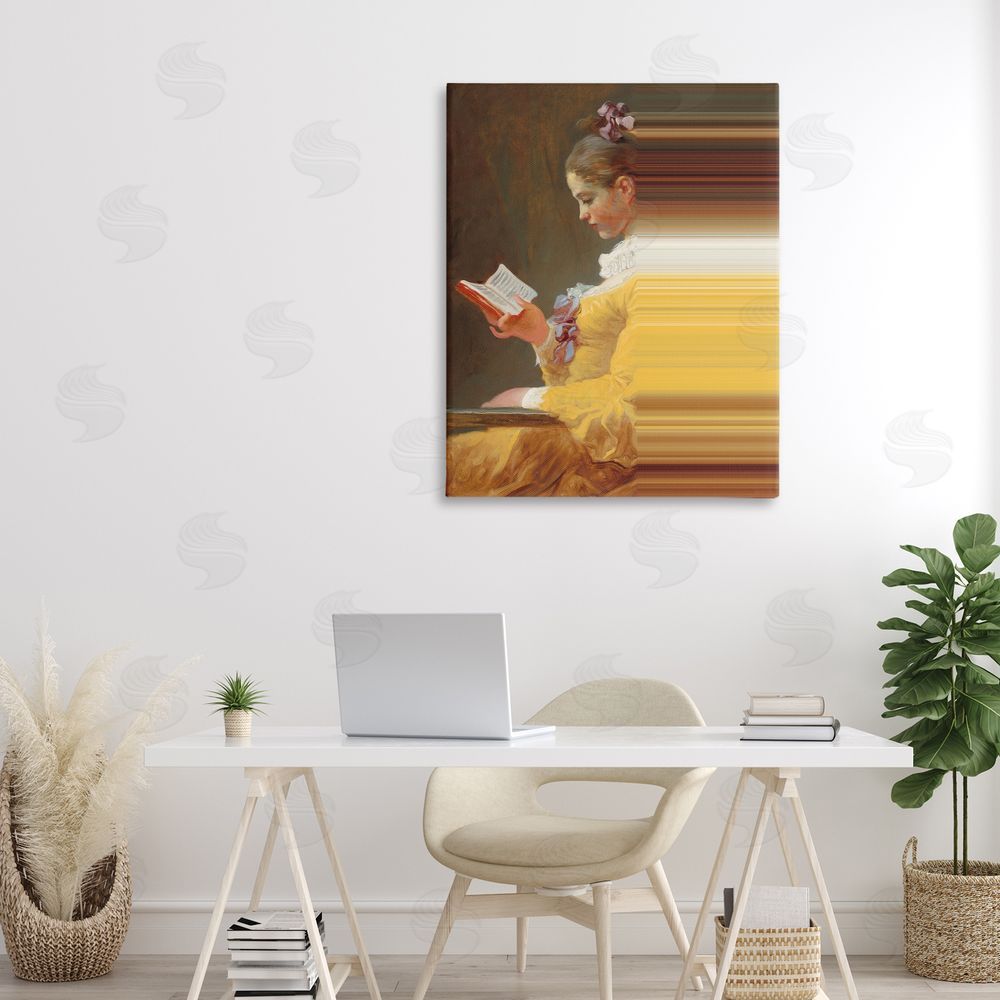 Seven Trees Design Vintage Lady Reading with Gradient Streaks Stretched Canvas Wall Art Print in Room