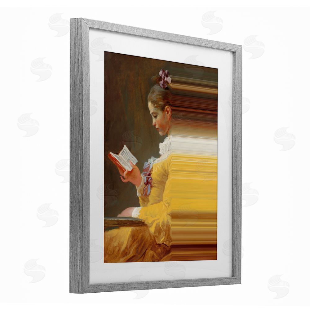 Seven Trees Design Vintage Lady Reading with Gradient Streaks Gray Framed Print Under Glass Wall Art