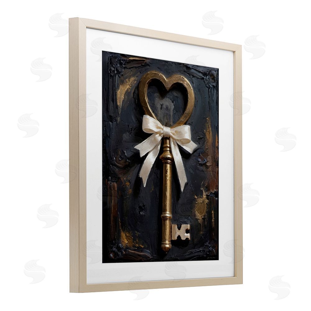 Jo Moulton Antique Gold Heart Key Brown Framed Print Under Glass Wall Art