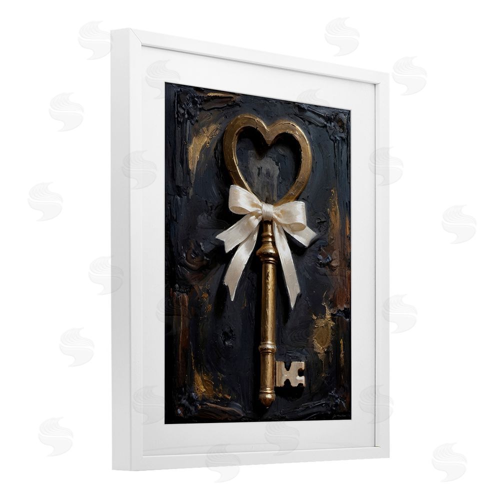 Jo Moulton Antique Gold Heart Key White Framed Print Under Glass Wall Art
