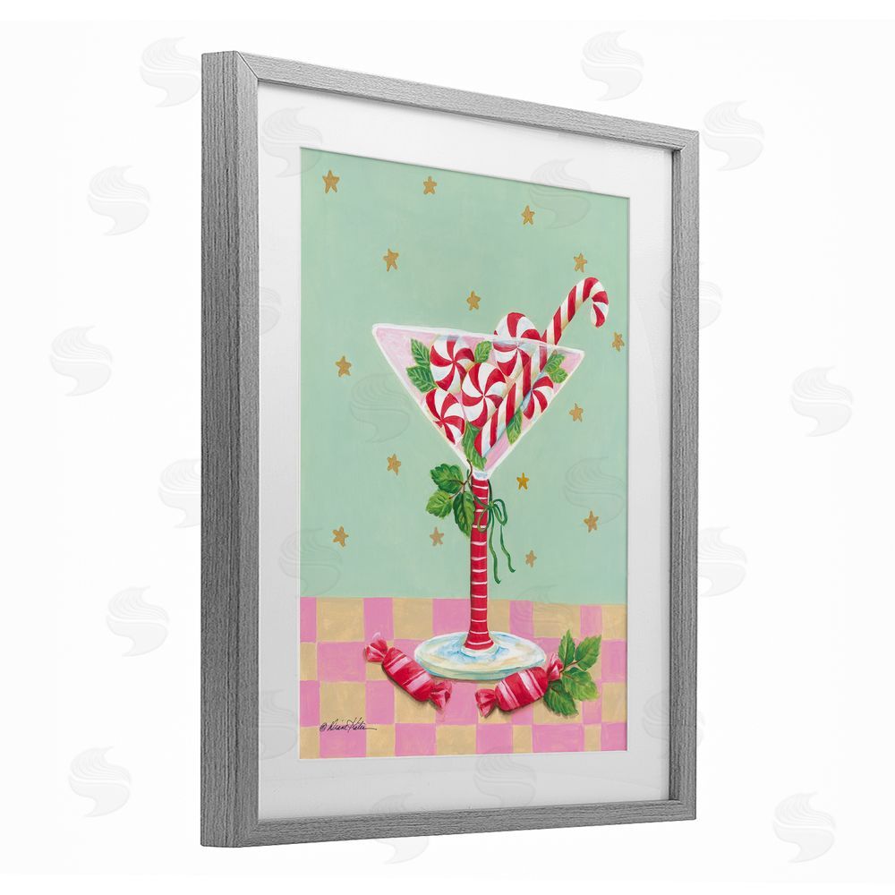 Diane Kater Festive Peppermint Martini Gray Framed Print Under Glass with White Mat Wall Art
