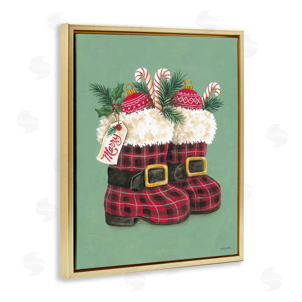 Diane Kater Holiday Merry Boots Gold Floating Frame Canvas Wall Art Print