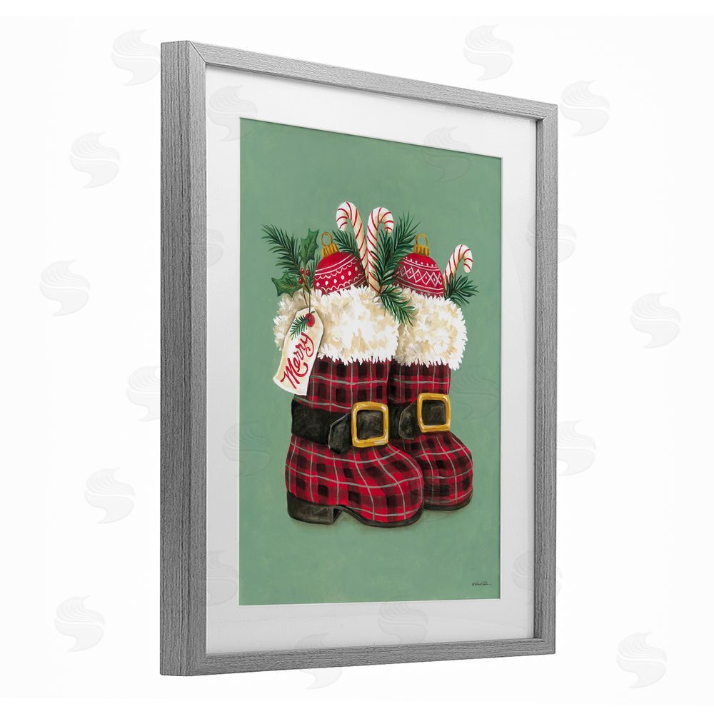 Diane Kater Holiday Merry Boots Gray Framed Print Under Glass with White Mat Wall Art