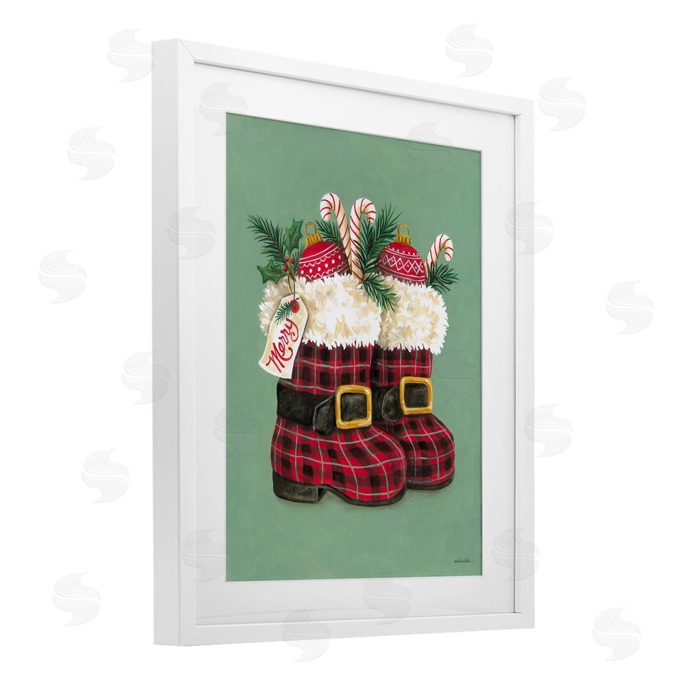 Diane Kater Holiday Merry Boots White Framed Print Under Glass with Mat Wall Art