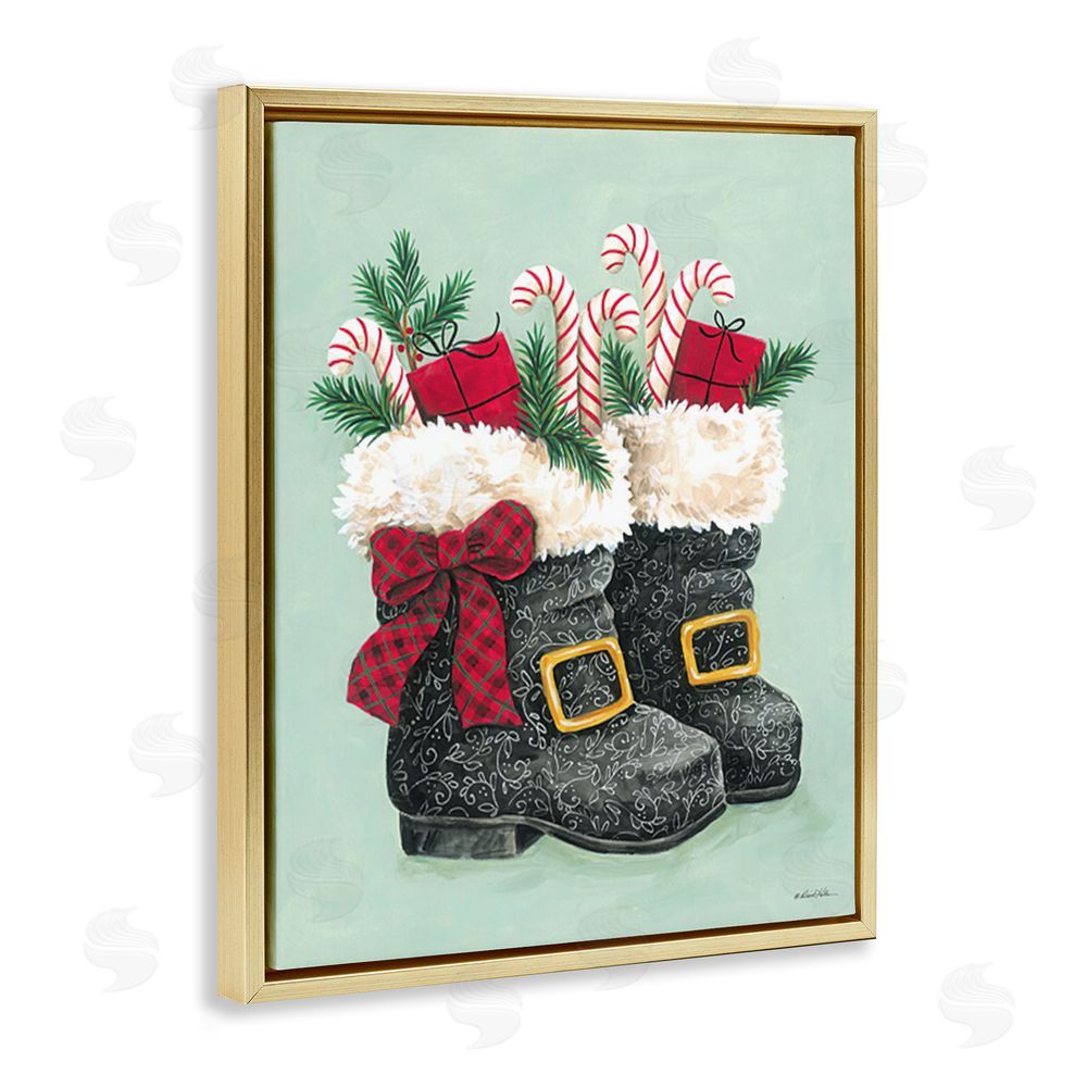 Diane Kater Festive Holiday Boots Gold Floating Frame Canvas Wall Art Print