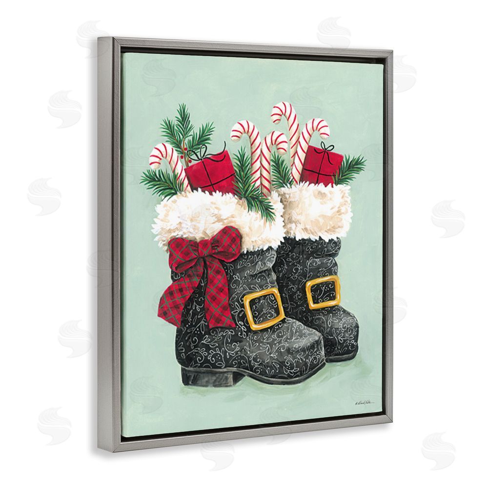 Diane Kater Festive Holiday Boots Gray Floating Frame Canvas Wall Art Print