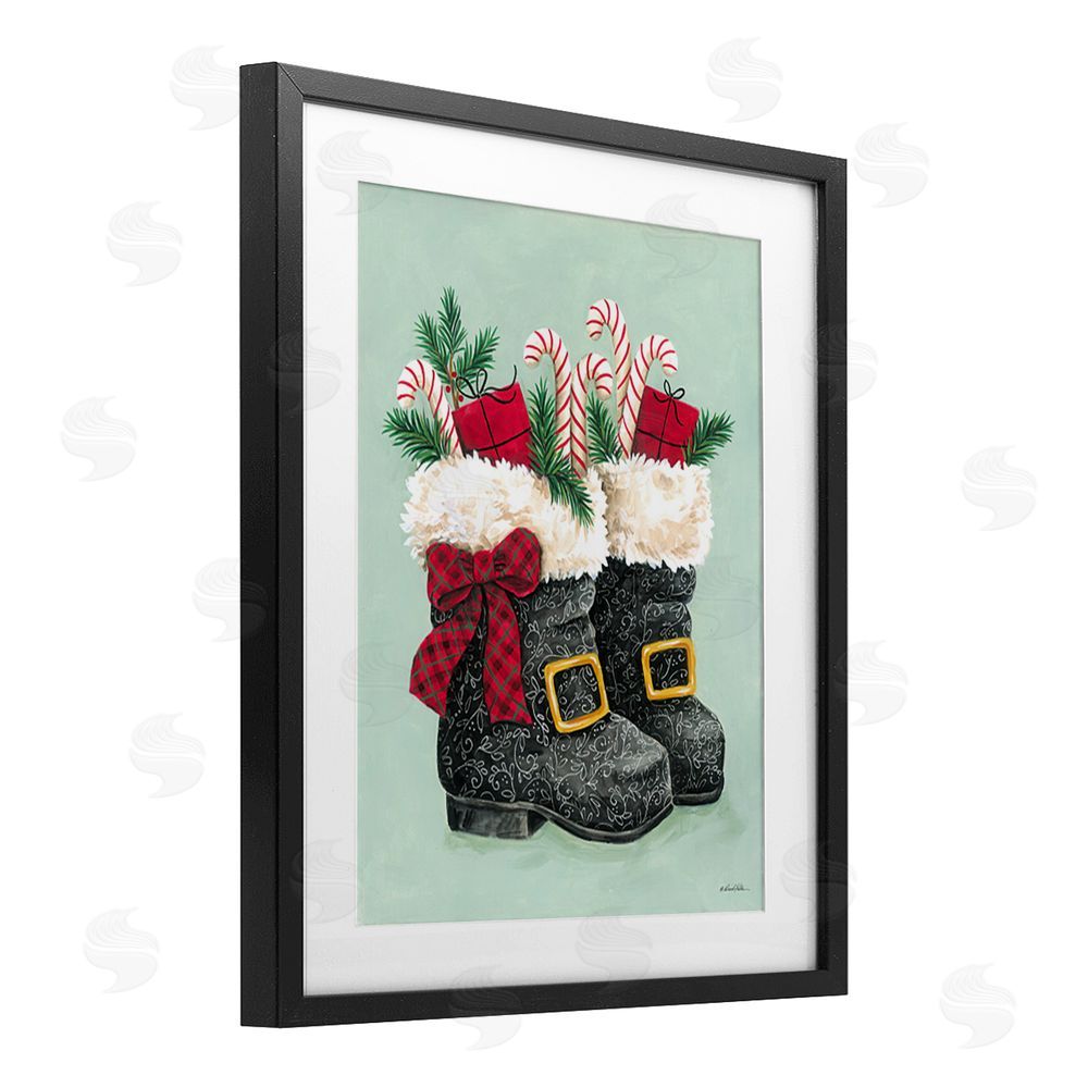Diane Kater Festive Holiday Boots Black Framed Print Under Glass with White Mat Wall Art
