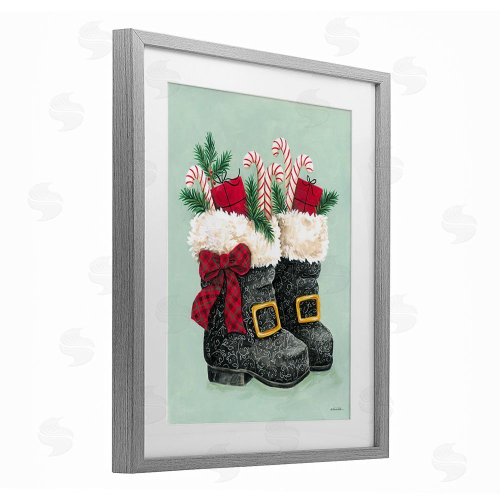 Diane Kater Festive Holiday Boots Gray Framed Print Under Glass with White Mat Wall Art
