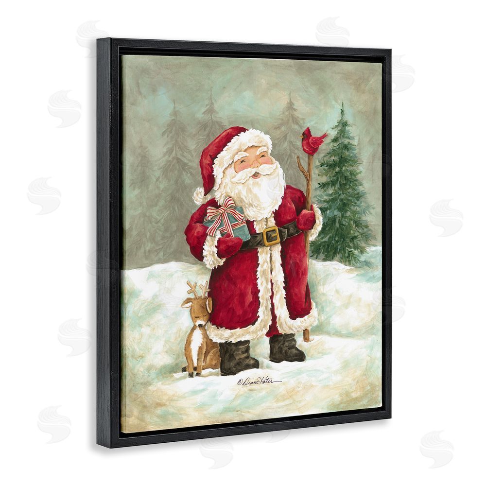 Diane Kater Joyful Santa & Cuddling Reindeer Black Floating Frame Canvas Wall Art Print