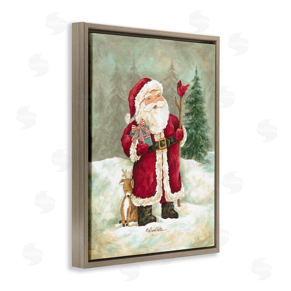 Diane Kater Joyful Santa & Cuddling Reindeer Brown Floating Frame Canvas Wall Art Print