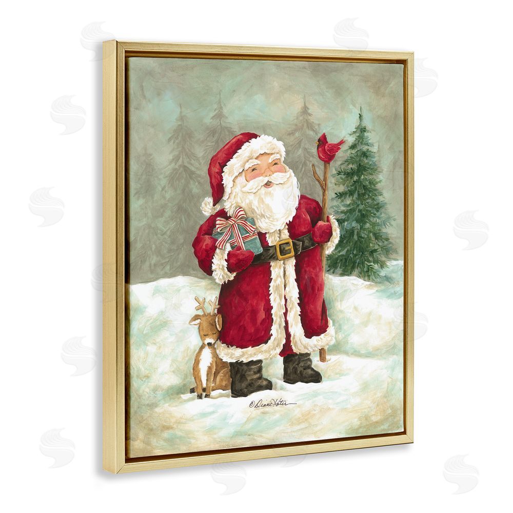 Diane Kater Joyful Santa & Cuddling Reindeer Gold Floating Frame Canvas Wall Art Print