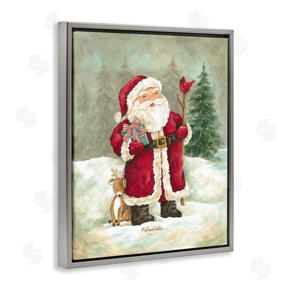 Diane Kater Joyful Santa & Cuddling Reindeer Gray Floating Frame Canvas Wall Art Print