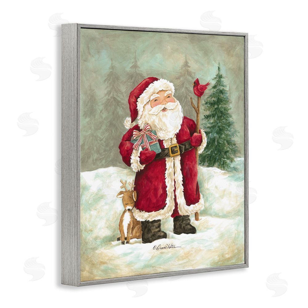 Diane Kater Joyful Santa & Cuddling Reindeer Gray Framed Giclee Wall Art Print