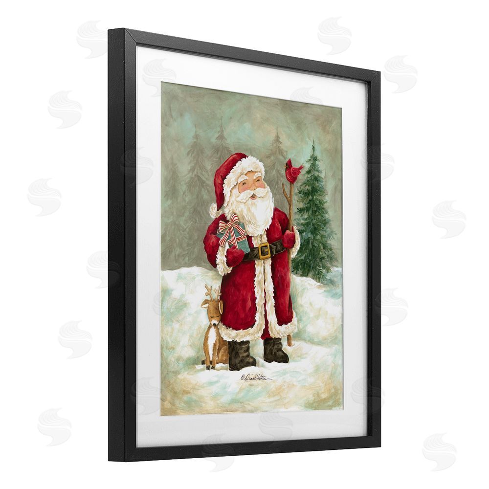 Diane Kater Joyful Santa & Cuddling Reindeer Black Framed Print Under Glass with White Mat Wall Art