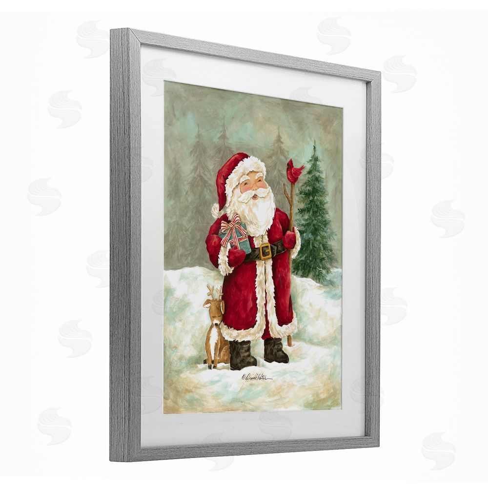Diane Kater Joyful Santa & Cuddling Reindeer Gray Framed Print Under Glass with White Mat Wall Art