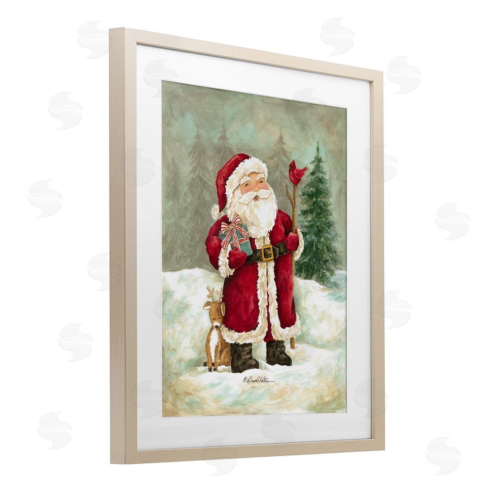 Diane Kater Joyful Santa & Cuddling Reindeer Birch Framed Print Under Glass with White Mat Wall Art