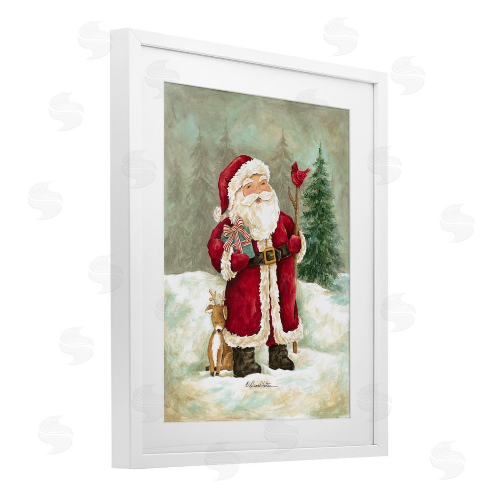 Diane Kater Joyful Santa & Cuddling Reindeer White Framed Print Under Glass with Mat Wall Art