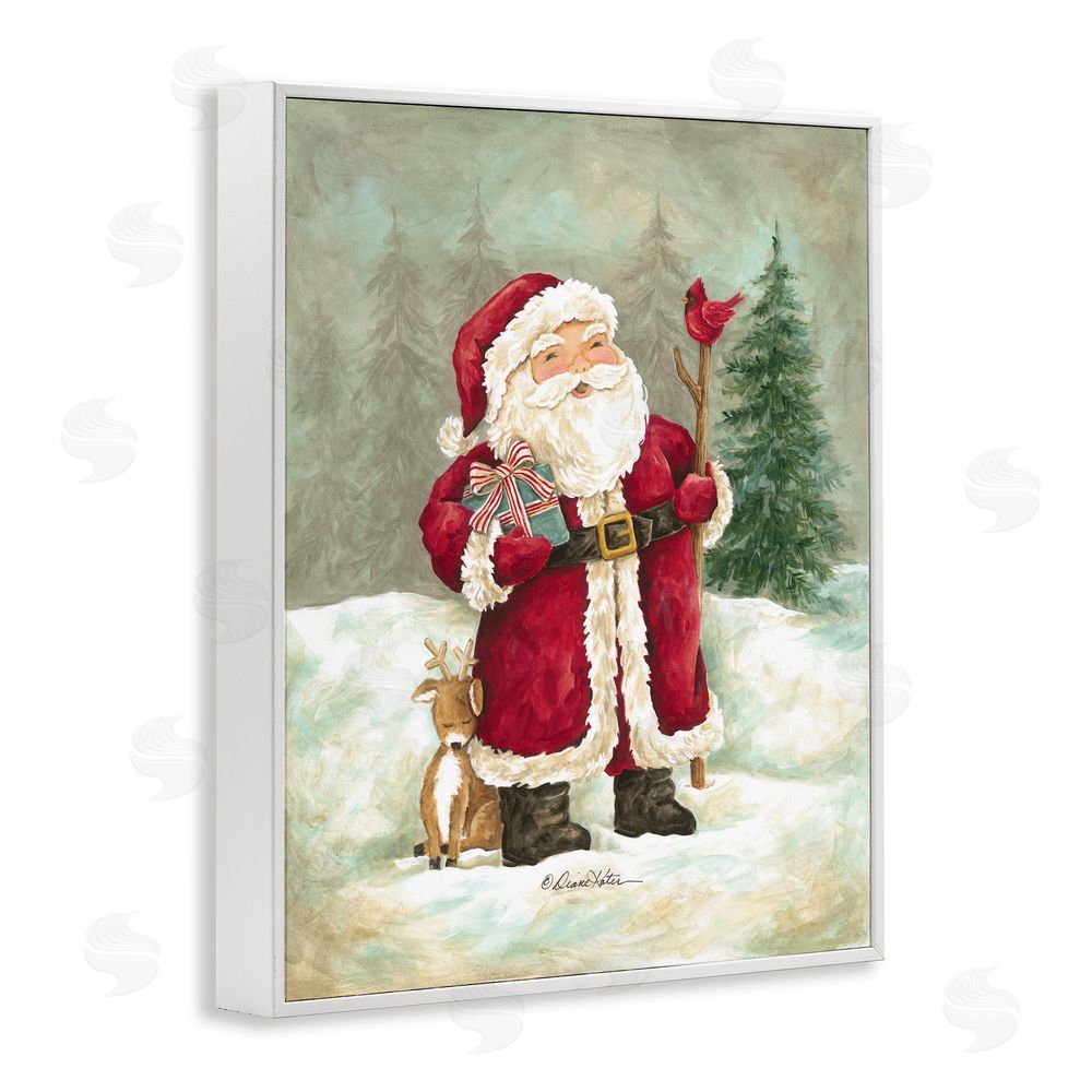 Diane Kater Joyful Santa & Cuddling Reindeer White Framed Giclee Wall Art Print