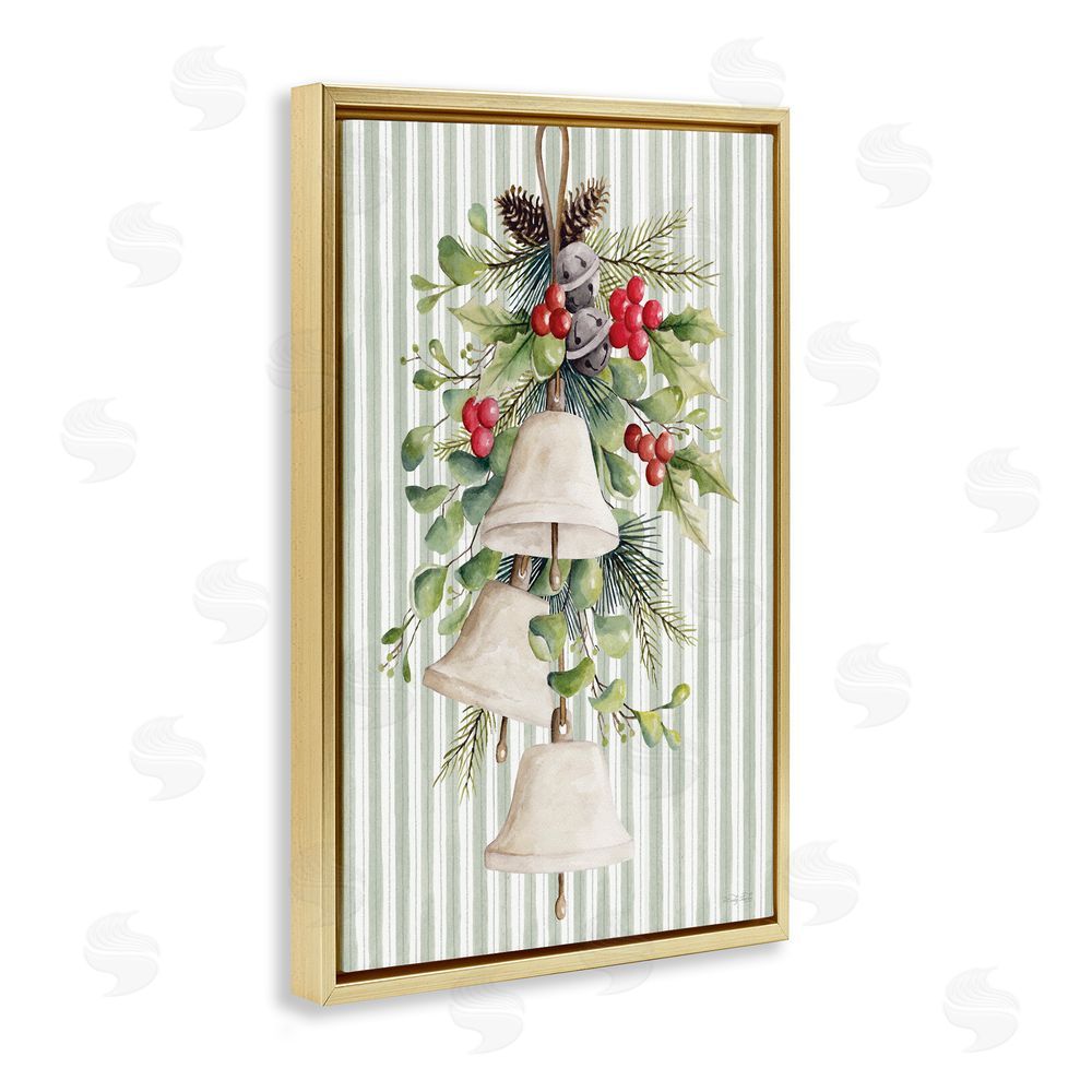 Cindy Jacobs Holiday Bells with Holly Gold Floating Frame Canvas Wall Art Print