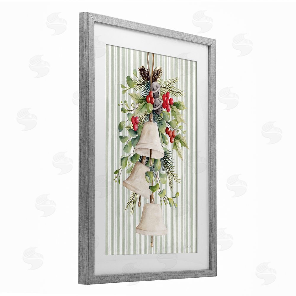 Cindy Jacobs Holiday Bells with Holly Gray Framed Print Under Glass with White Mat Wall Art